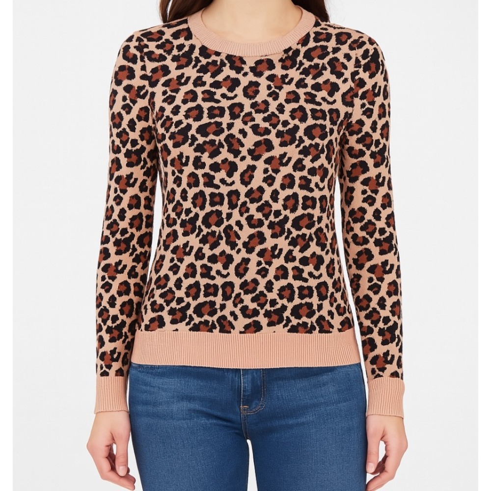 Express Sweater Leopard Print Cheetah Crew‎ Neck Long Sleeve Brown Edgy Medium